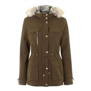 TopShop Jaxson Olive Green Faux Fur Hooded Lined Anorak Peacoat Jacket US Size 2